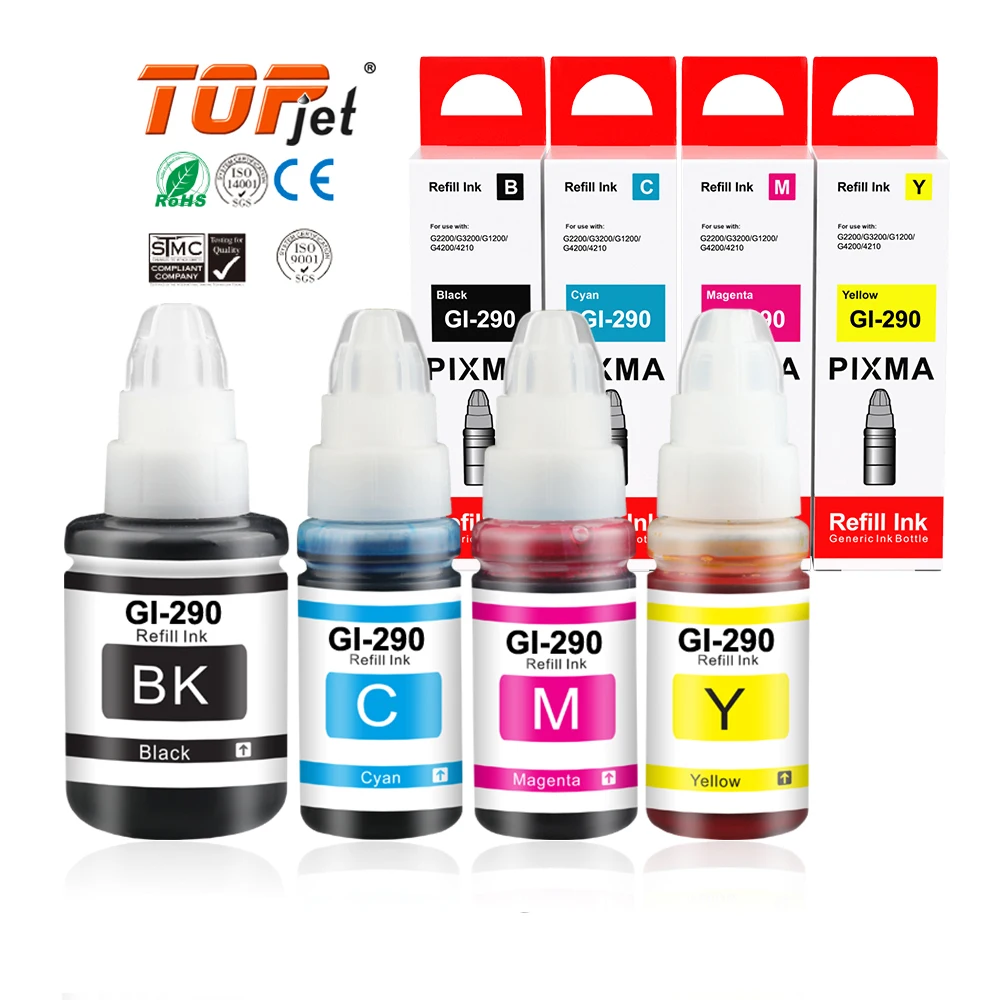 Topjet Refill Ink GI-290 New Compatible Dye Kit for Canon PIXMA G1200 G2200 G3200 Printer 100ml 500ml Volumes