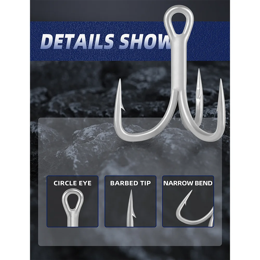 1/0 Needle Point Fishhook Super Strong 5X Strength Treble Hooks Fishing High Carbon Steel Hooks for Freshwater Saltwater
