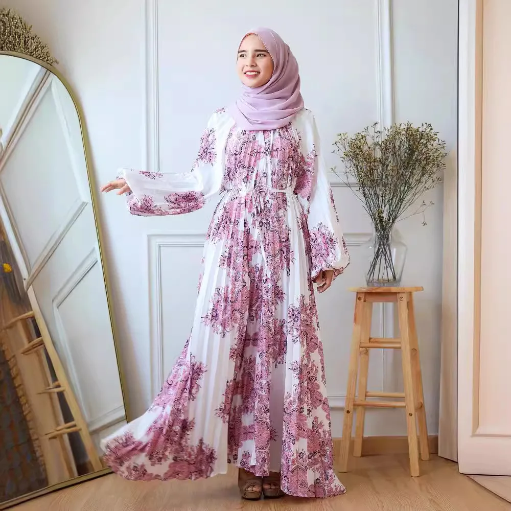 Middle East Muslim high-end printed long skirt with lantern sleeves and pleated loose robe dress