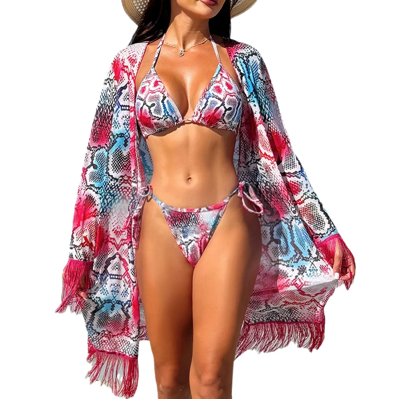 Flowers Print Bikini Set 3pc Swimsuits For Women Bandage Swimsuit Sexy Swimwear With Long Sleeves Cover Up