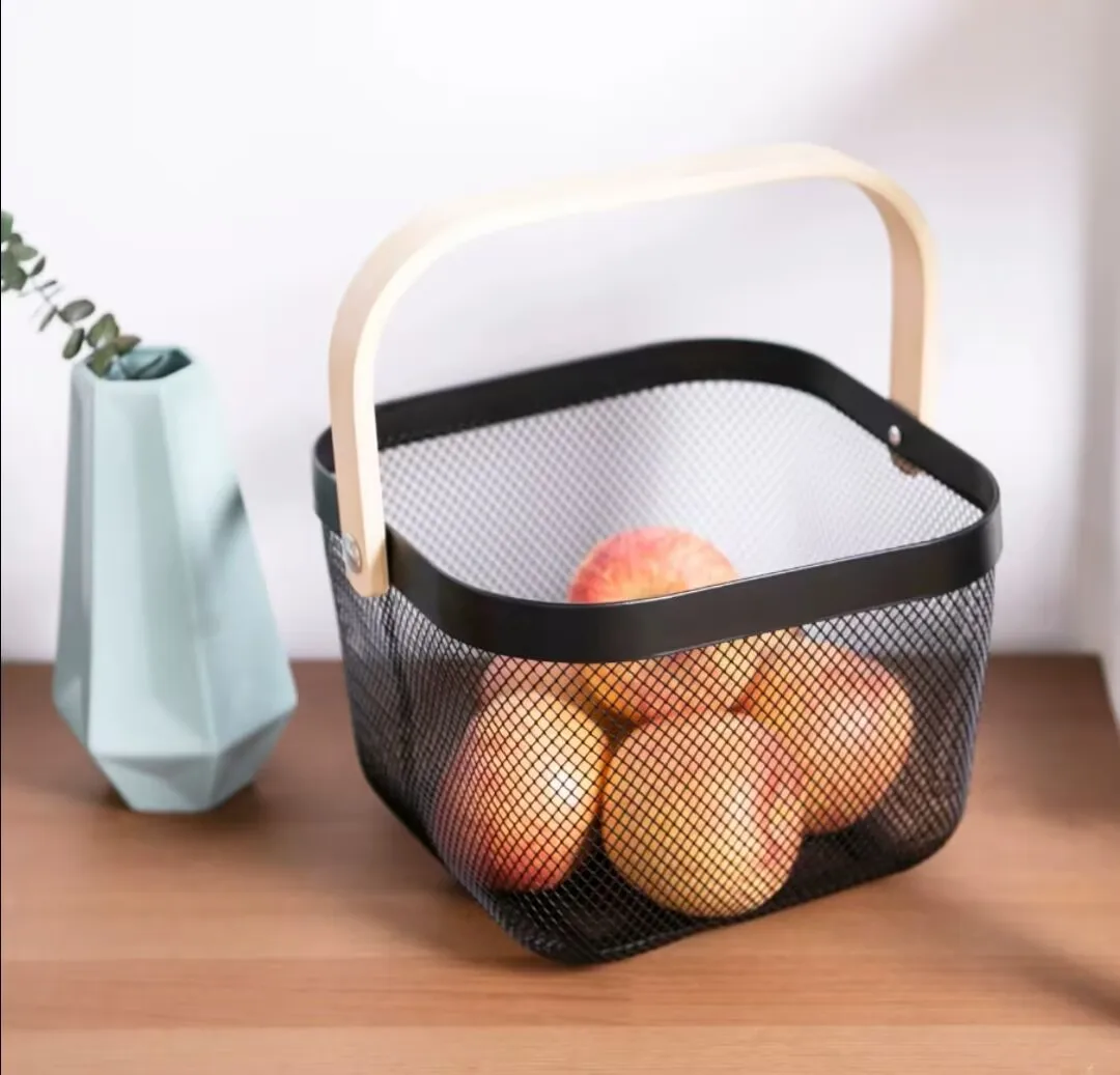 Wooden handle small basket desktop storage basket fruit basket iron