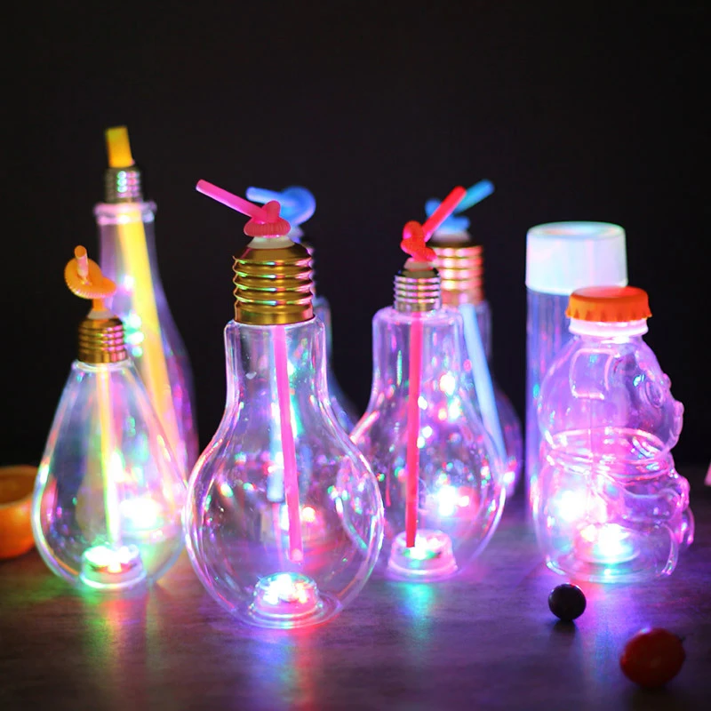 LED Light Bulb Shaped Plastic Cups for Parties Bottom Glowing Christmas Party Supplies Tea Cups & Saucers for Juice Water Drink