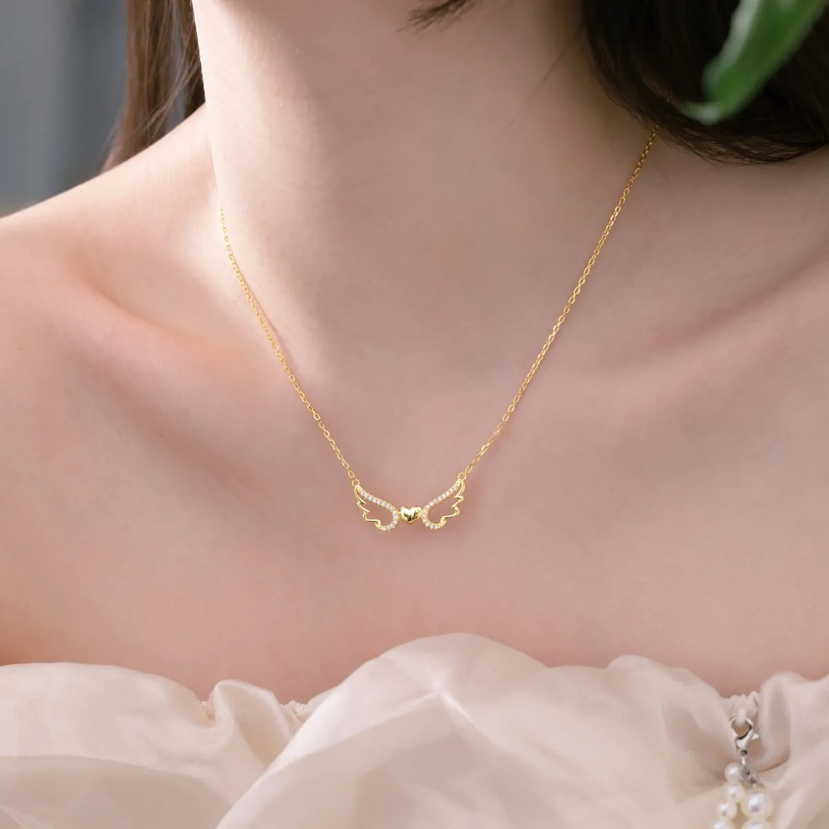 Dylam Vintage Bulk 5A Cz Cubic Zirconia 18K Gold Necklace 925 Sterling Silver Wing Heart Pendant Necklaces For Women Jewlery
