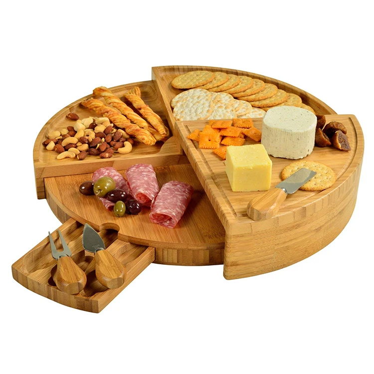 
Deluxe patented round natural bamboo cheese charcuterie board with knife set pull-out storage knives foldable 