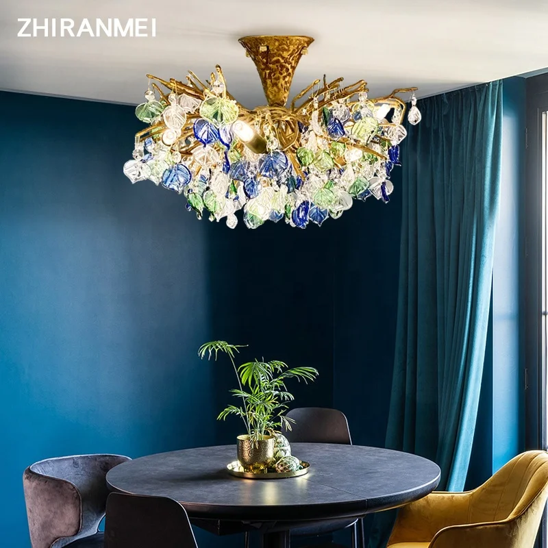 Villa dining room lamp leaf bedroom round crystal lamp modern light luxury copper living room ceiling light