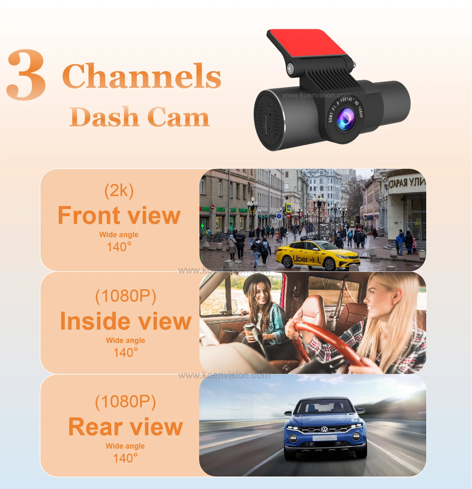 Car 3 Channels WiFi dash cam car Black Box  Reversing Camera