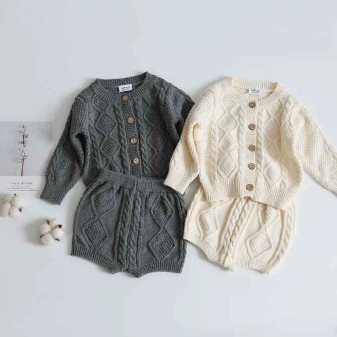 
SE8173 Toddler Girls Boys Suit Children Clothing Boys Girls Baby Knit Sweater Cardigan + Shorts Suit Baby Clothes 