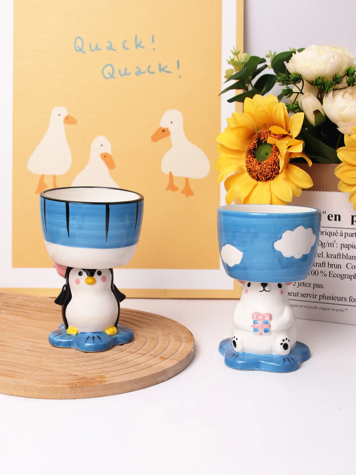 MSH Creative Cartoon Cute Penguin Polar Bear Ceramic Tall Glass Ice Cream Cup Dessert Bowl Fruit Bowl 12oz