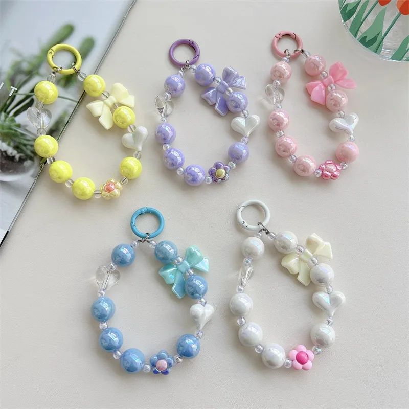 Candy colored plated mobile phone chain beaded mobile phone hanging rope bow heart flower pendant