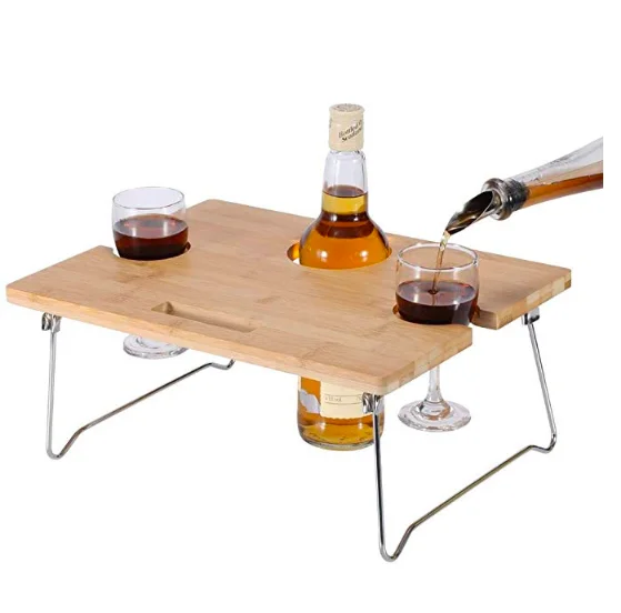 Picnic Outdoor on the Beach Park or Indoor Bed-2Bamboo Wood Foldable Wine and Snack Table