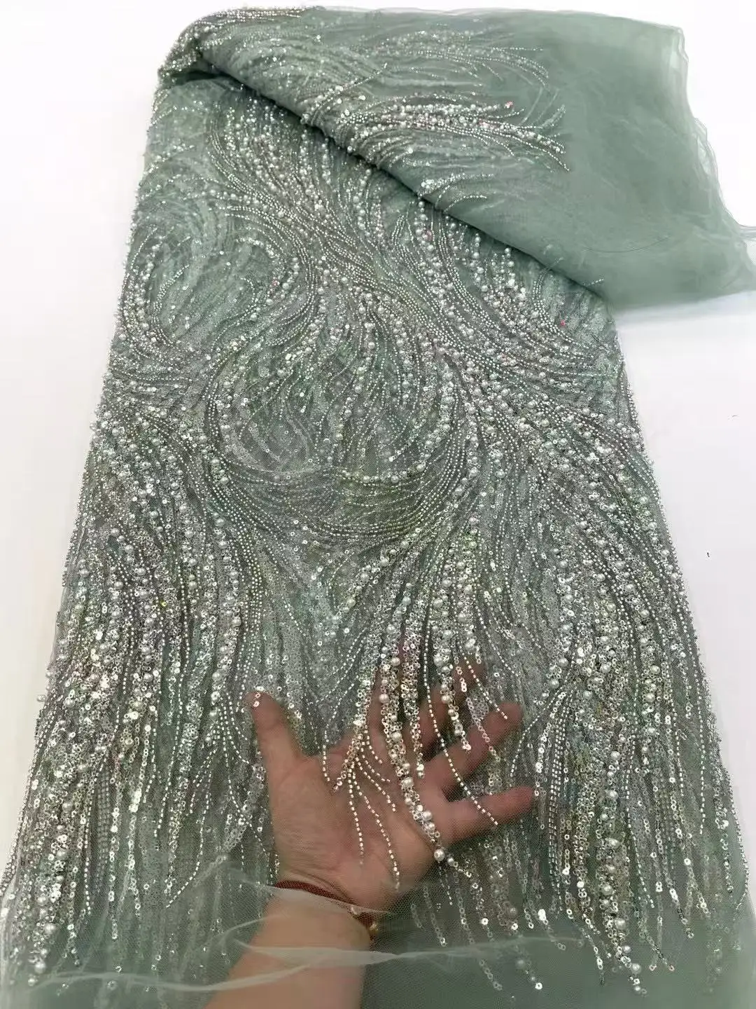 KXH274 Beautiful Heavy Handmade Lace Material Nigerian Sequins Beads Embroidery Fabrics for Evening Party