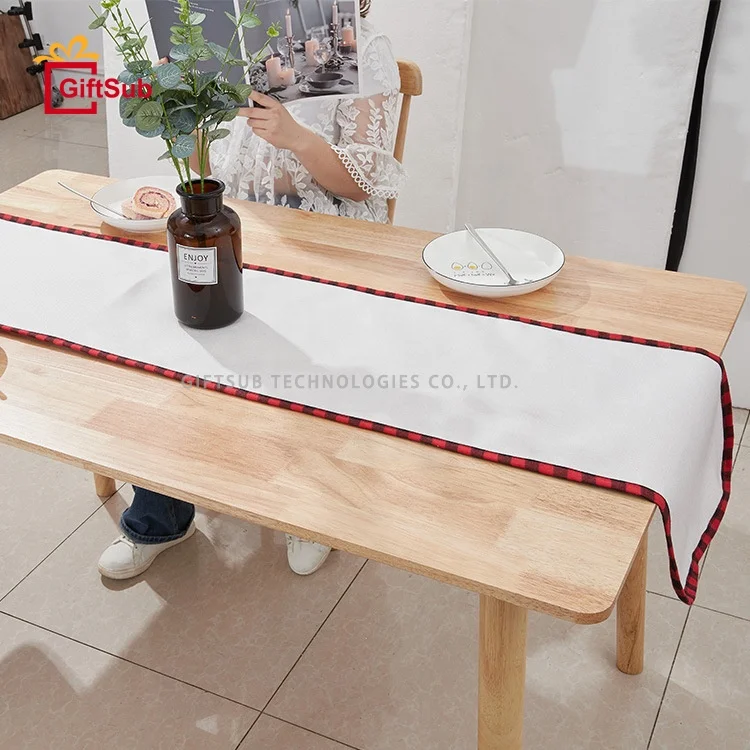 Wholesale Sublimated Nordic Flower Table Runner Cloth Plaid Cotton Linen Round Corner Table Runners for Christmas Wedding Decor
