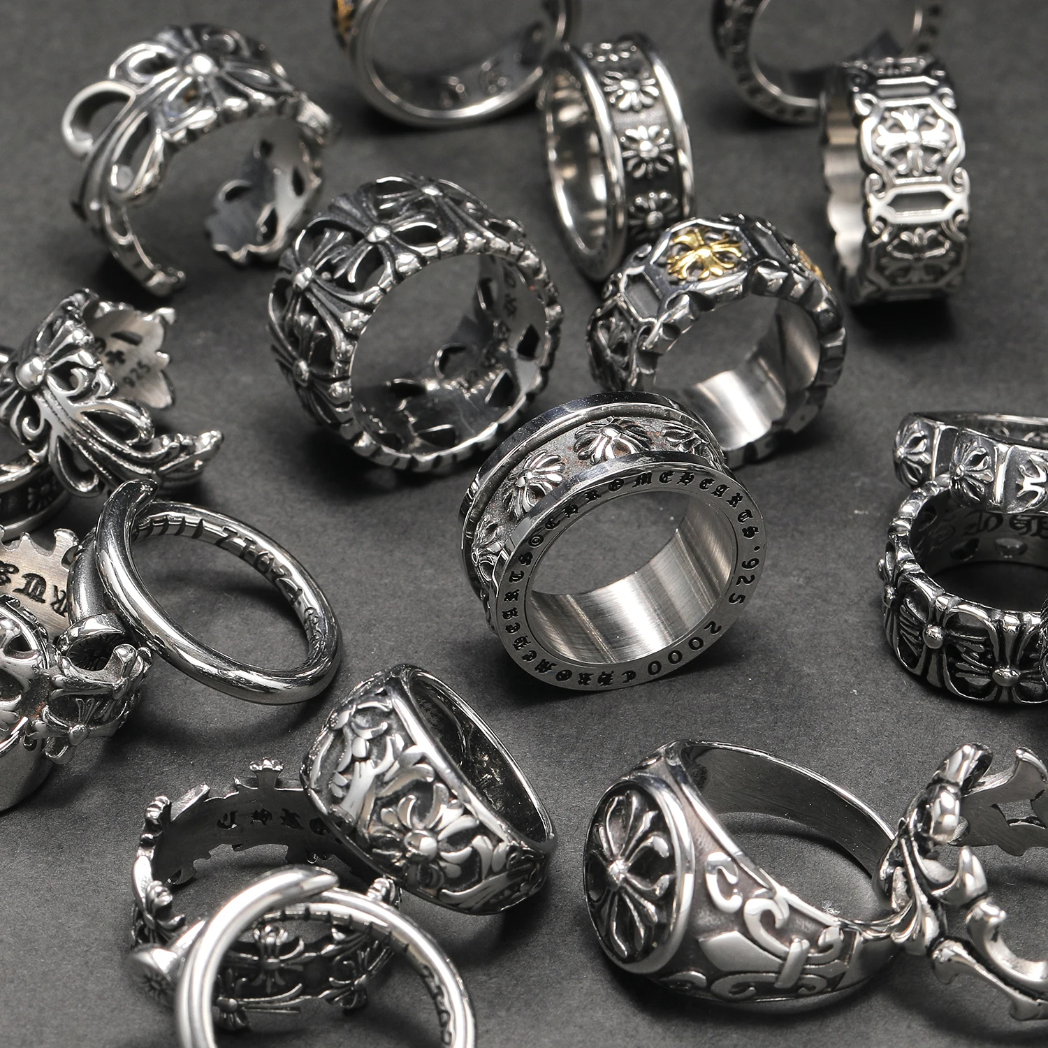 Factory Wholesale Stainless Steel chrom Rings New Retro Style Hop Punk Personality Collection Heart Jewelry for Men