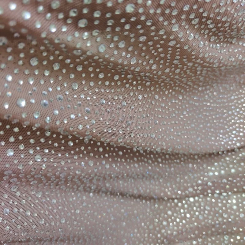Hot Sale Rhinestone Clothing Material Starry Crystal Stretchable Mesh Fabric Any Color Can Custom