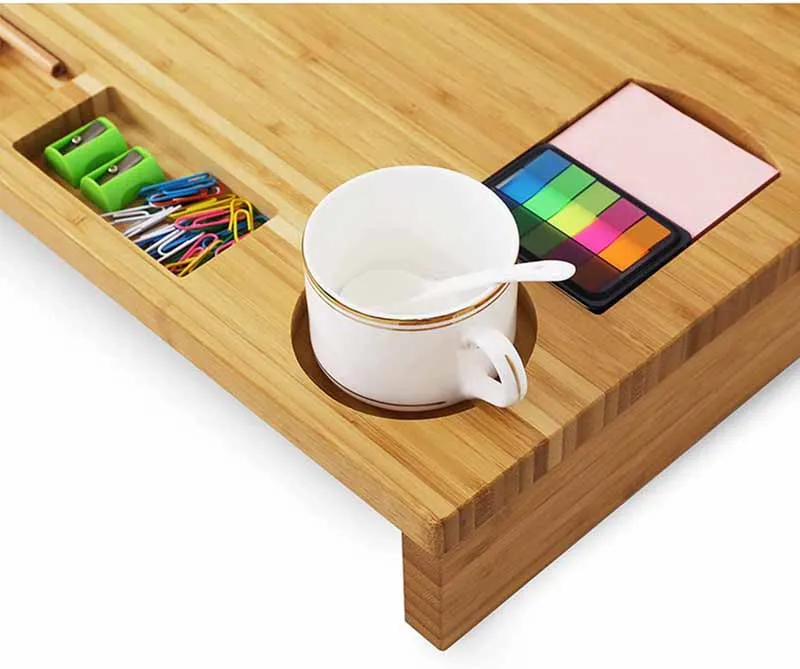 Bamboo Wood Monitor Stand Riser with Storage Organizer Office Computer Desk Laptop Cellphone TV Printer Stand Desktop Container