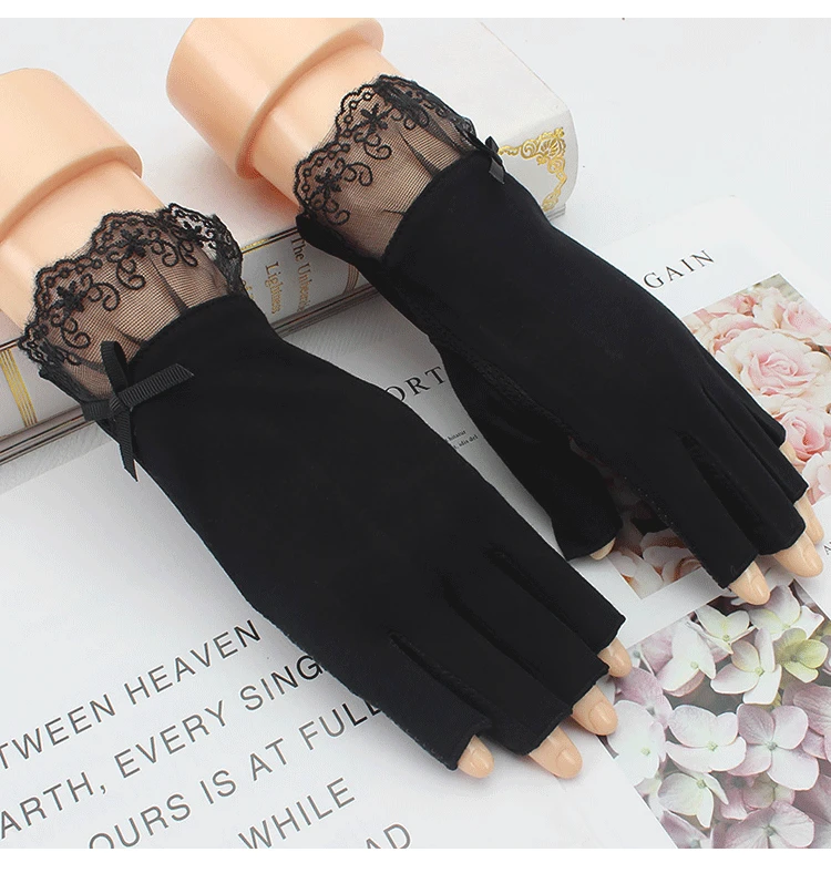 Sidiou Group Fashion Summer Women Thin Stitching Lace Gloves Breathable Non-Slip half Finger Cycling Elastic Anti UV Gloves