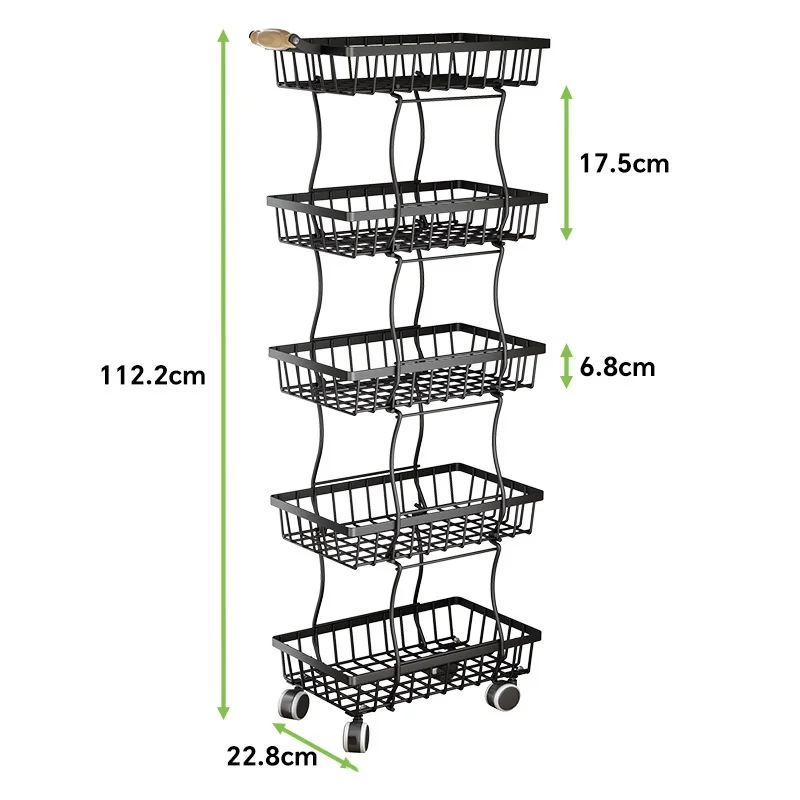 Allogogo Auxiliary Trolley With Wheels Fruit And Vegetable Storage Trolley Removable 4 Tier 5 Tier Non-slip Feet Metal Basket