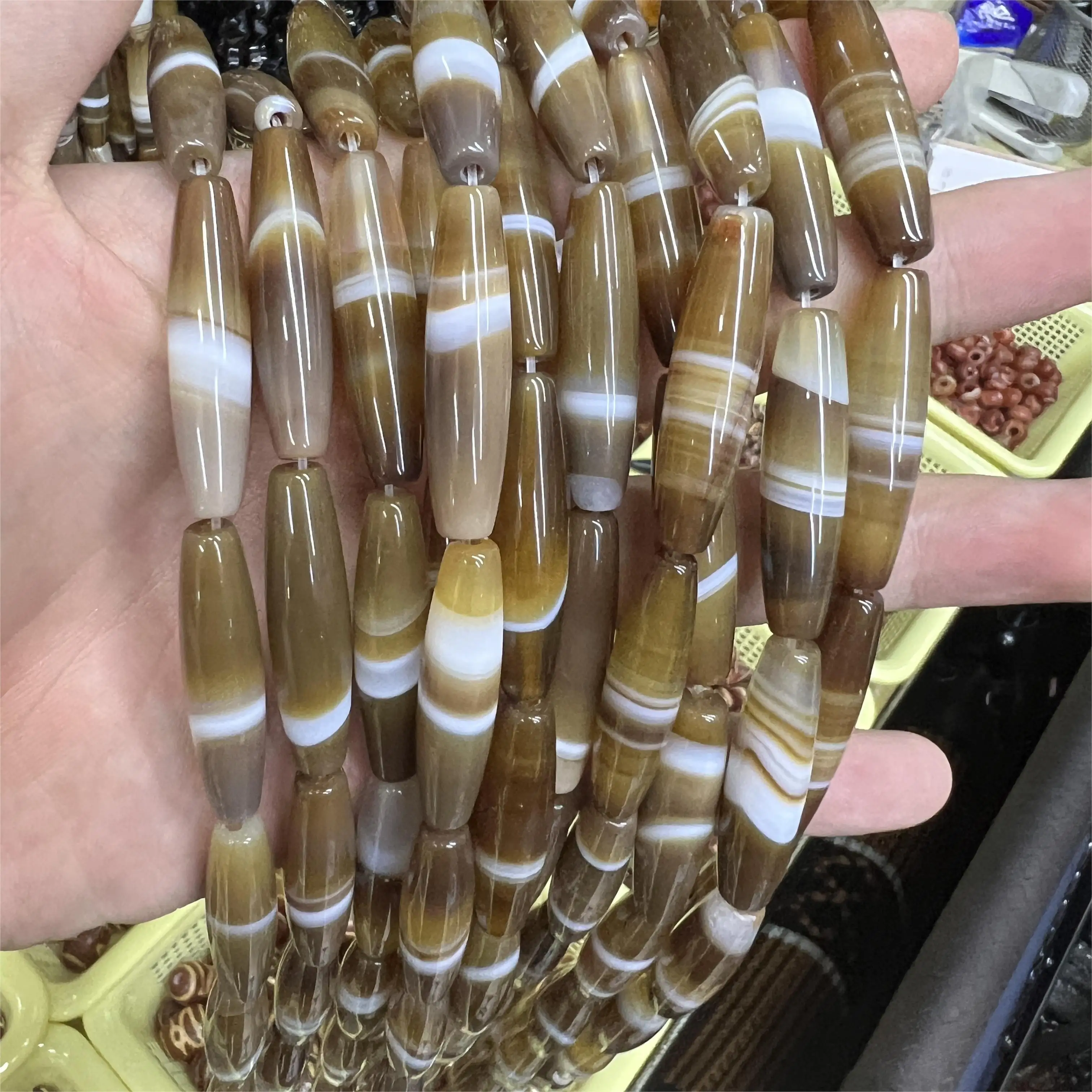 Wholesale 8*30mm Coffee Smooth Measle Shape Red Agate Beads Loose Stone Beads Bracelet Bead