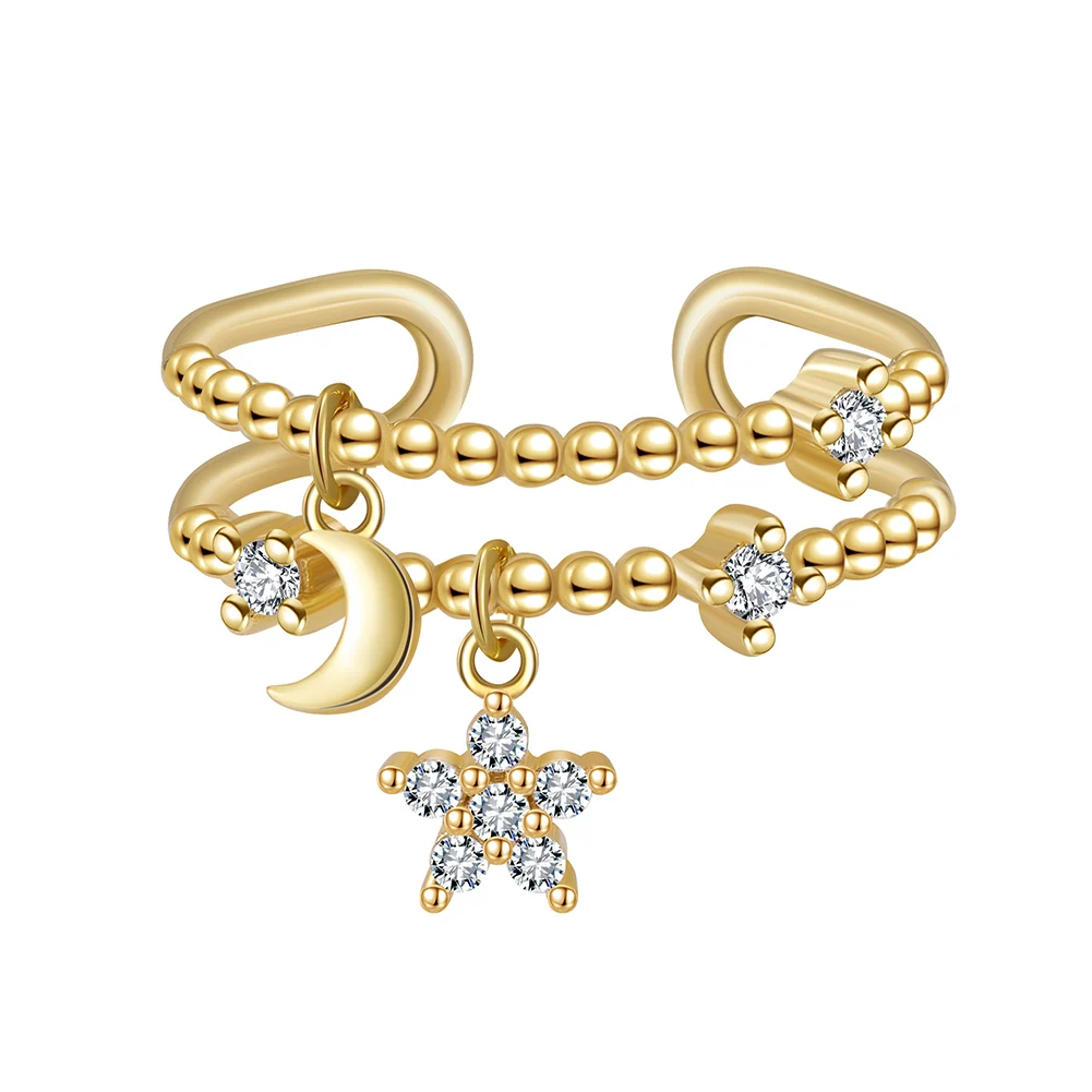 RINNTIN SR333 Fashion Unique Design Women Rings S925 Sterling Silver Moon Star Charm Open Ring for Girls