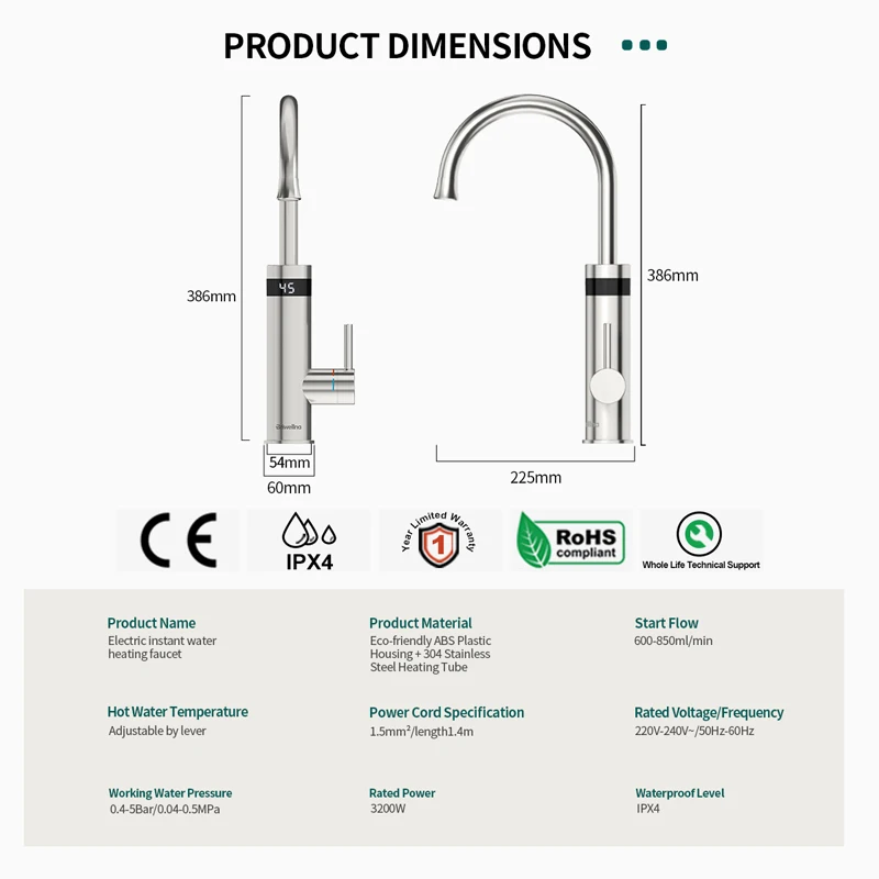 Briwellna 220V 3200W 304 Stainless Steel Kitchen Instant Hot Water Taps Fast Electric Faucet