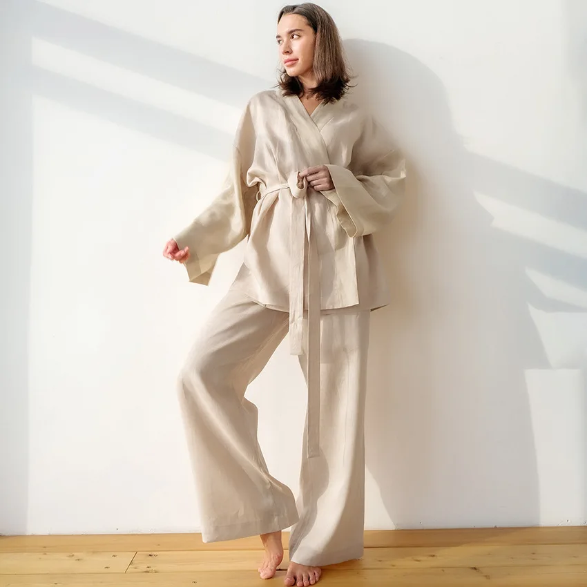 Custom 2 piece luxury Loungewear Cotton Linen sleepwear for women long sleeve kimono robe pajamas set