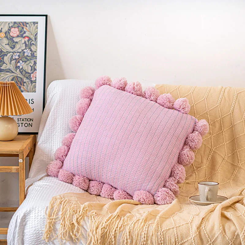 Cushion Cover Decoration Pompom Throw Pillowcase Chunky Knitted Throw Pillow Case Ball Tufted Cushion Cover with Tassels