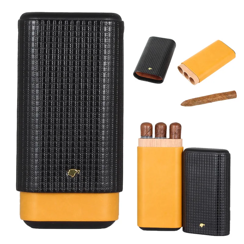 Handmade Hot sale Leather Cigar 3 fingers holder with Cigar Cutter travel cigar case