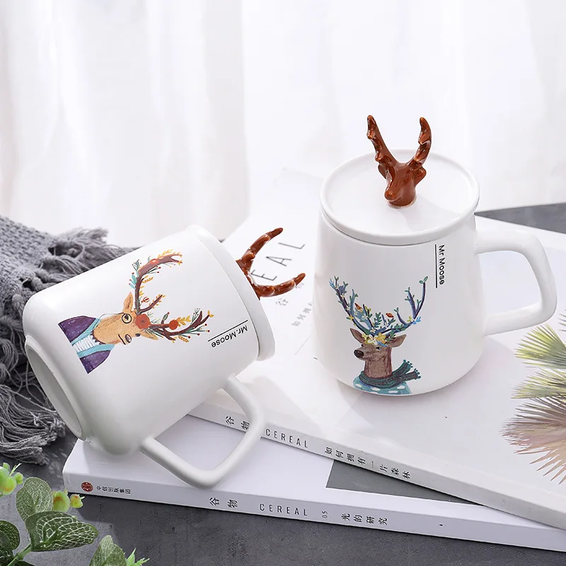 450ml Hot Ins Creative  Handmade Cute Antler Ceramic Mug Tea Cups Ceramics Porcelain Office Coffee Cup with Lid