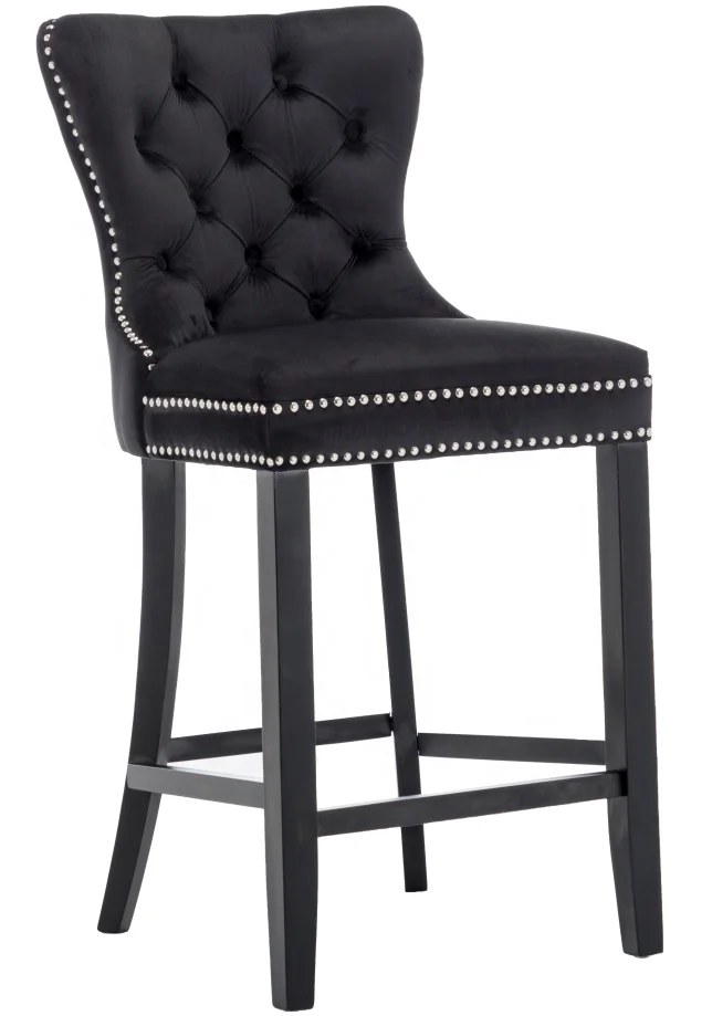 High back and seat with front back buttons decoration and studs around top wooden KD legs bar chair