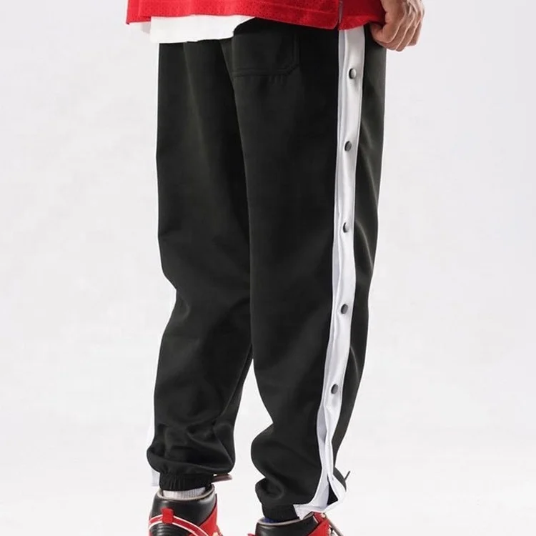 2021 Mid Waist Panel Jogger Basketball Pants Full Length Black Stripe Split Mens Street Hip Hop Side Buttons Close Sweatpants