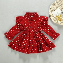 CLW 285 Autumn new girls lapel ruffled long-sleeved polka dot dress kids girls cotton dresses