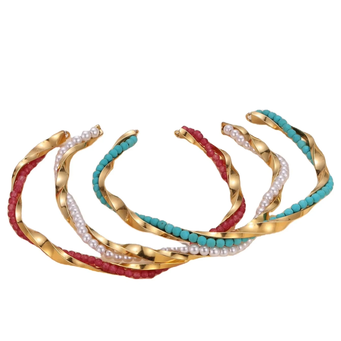 Retro Open Bangle Natural Red Stone Beads String Winding Gold Plated Stainless Steel Slight Twist Cuff Bracelet For Women
