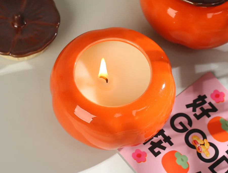 Hot Sale Handmade Cute Persimmon Fruit Shaped ceramic Jar Gift Scented Candles