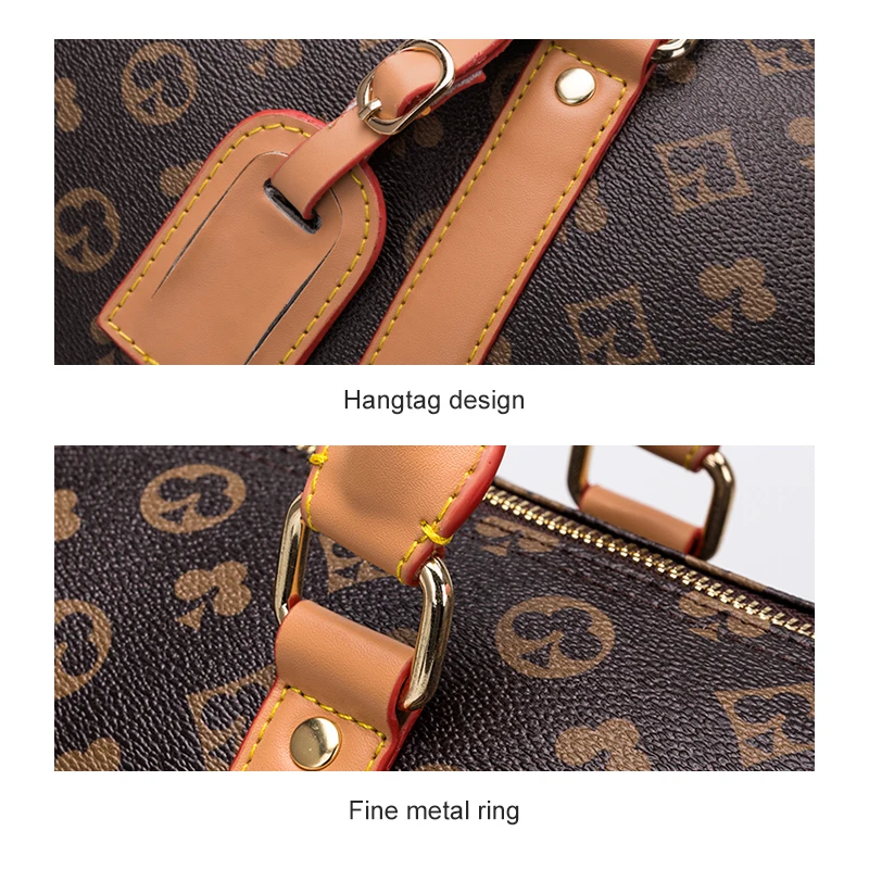 Custom Brand Logo Printed Black Zipper Luggage Travel Bags Checkered Vintage Weekender Luxury Men Women Hand Leather Duffle Bag