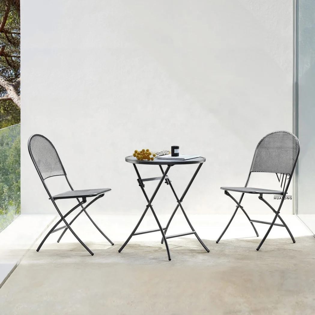 3 Piece Wholesale Modern Metal mesh Iron Folding Outdoor Chairs Table Garden Furniture Balcony Patio Bistro Set