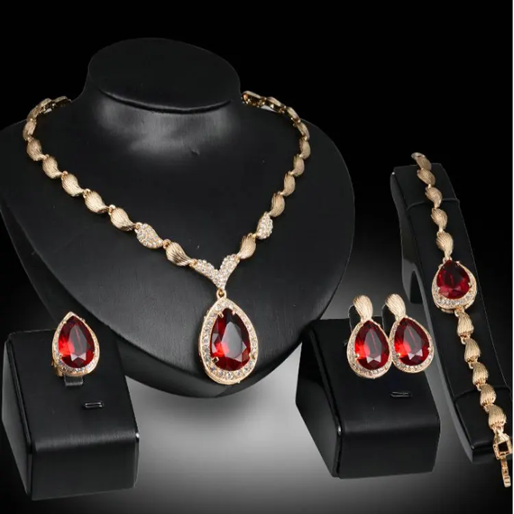 Qushine Multi-style Hot Waterdrop Gemstone Alloy Plated Gold 4-piece Wedding Jewelry Sets