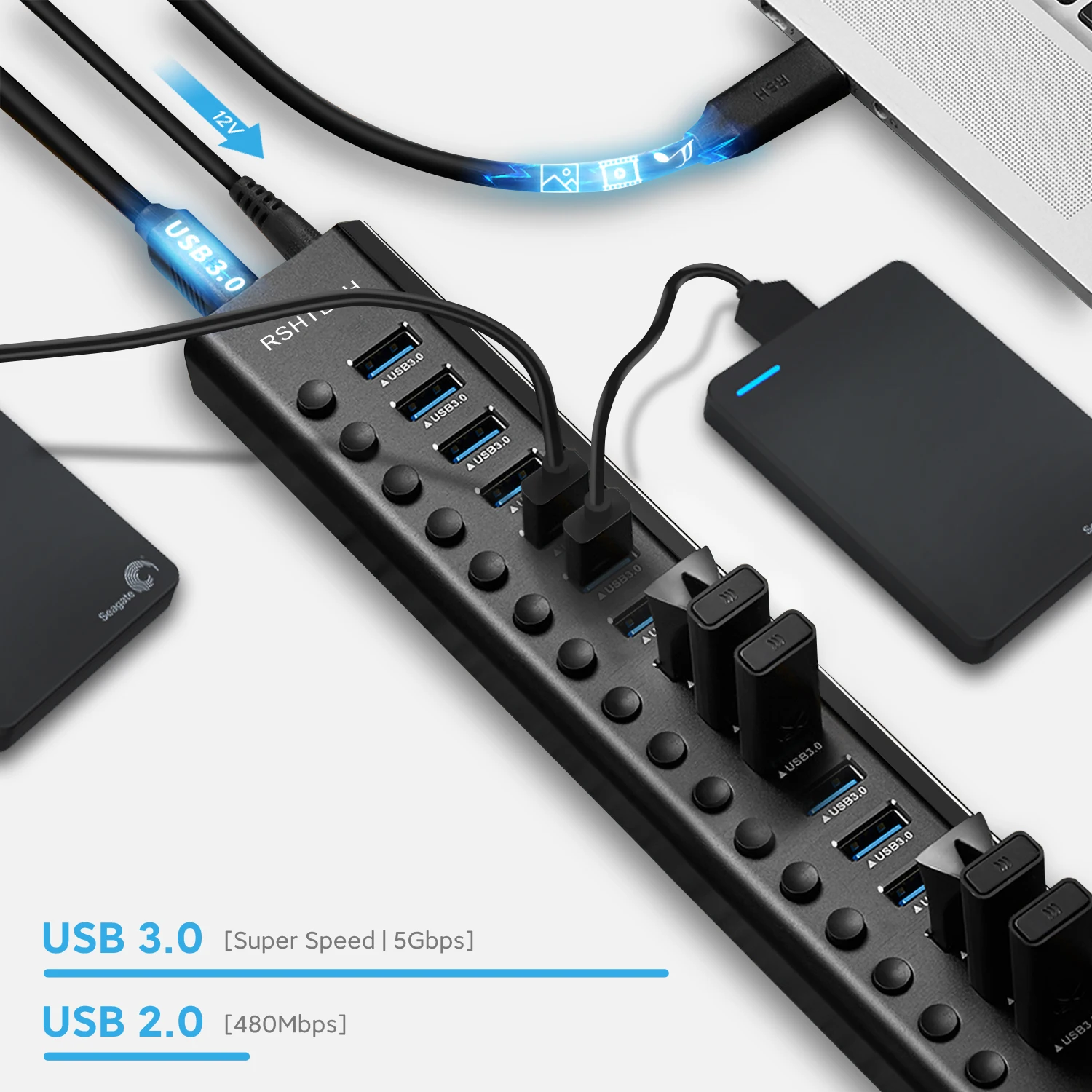 RSHTECH 16 в 1 USB 3,0 концентратор разветвитель 100 Вт адаптер питания отдельные переключатели 16 портов USB концентратор для ПК компьютерные аксессуары