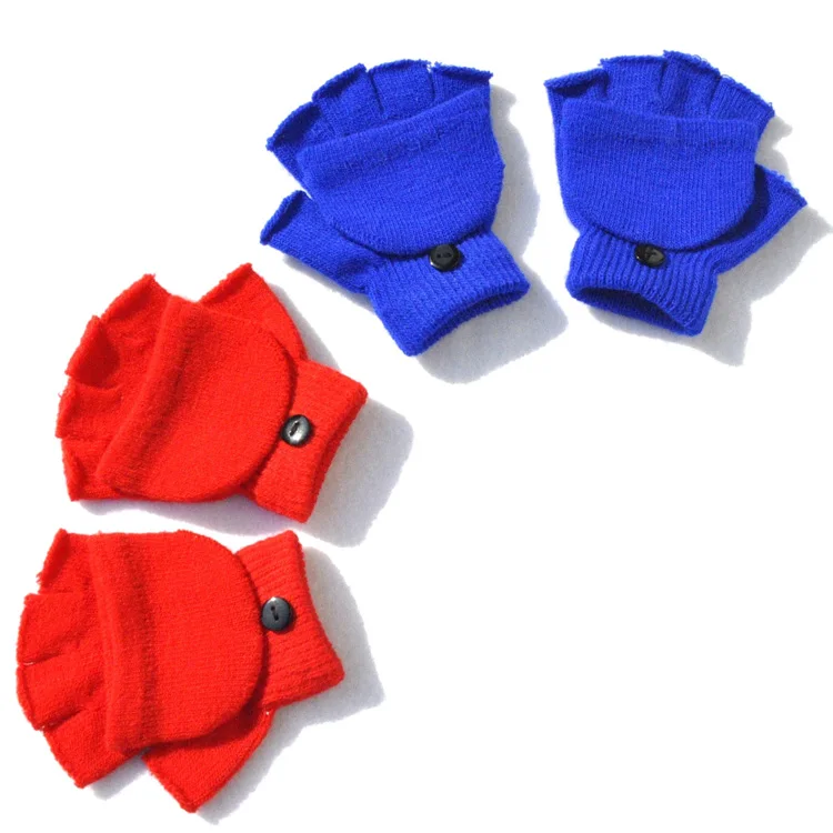 Wholesale Cheap Cute Elastic Plain Knit Kids Children Little Boys Girls Winter Fingerless Glove with Flip Top