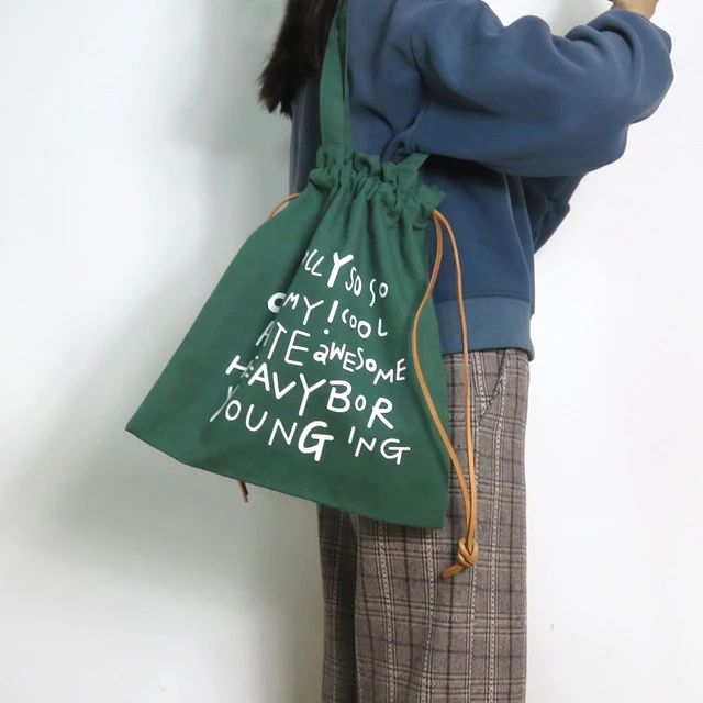 Custom Shopping Carry Grocery Shoulder Canvas Recycled Drawstring Korean Tote Bag