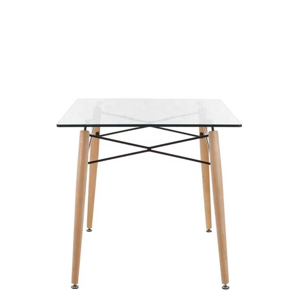 Free Sample Wholesale Top Glass Dining Room Furniture Square Dining Table with Wood Legs Home Furniture