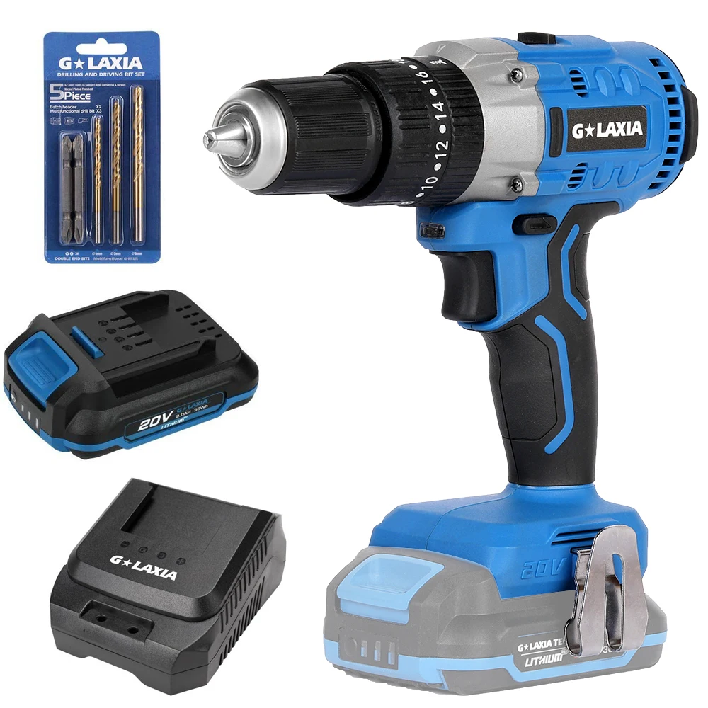 20V Li-Ion Brushless 13mm keyless chuck double speed impact drill with built-in LED worklight