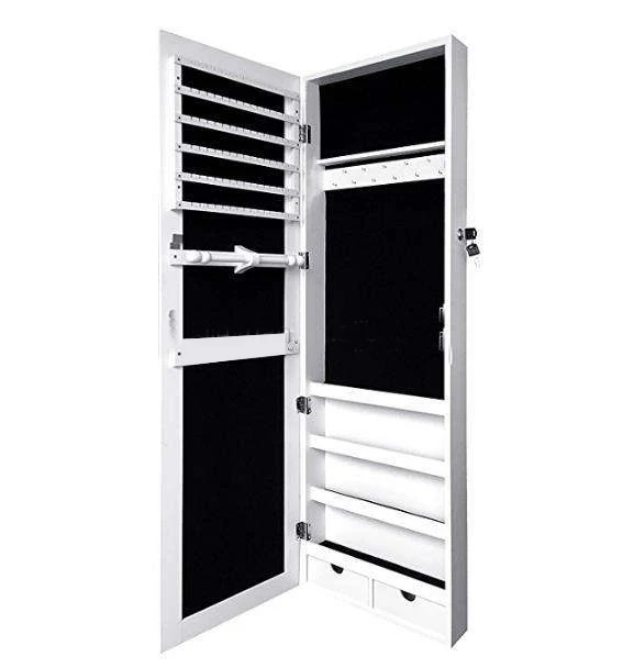 Lockable MDF wood full length hanging jewelry box organizer with mirror