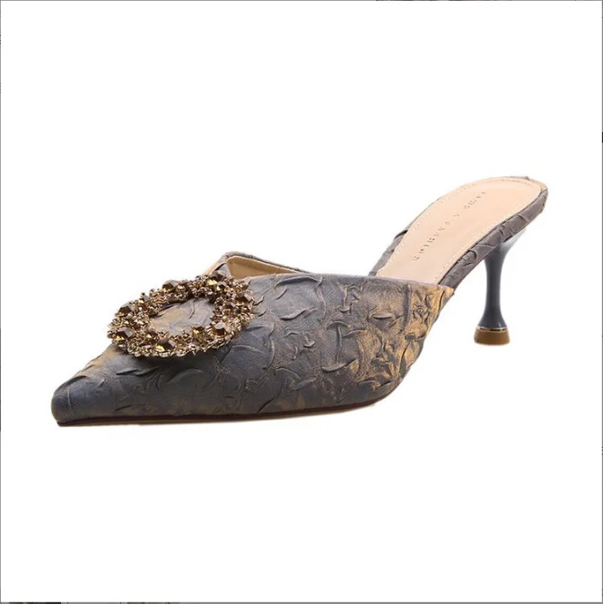 New spring and summer pointed toe toe fashion round buckle satin ladies high-heeled half slippers Z88