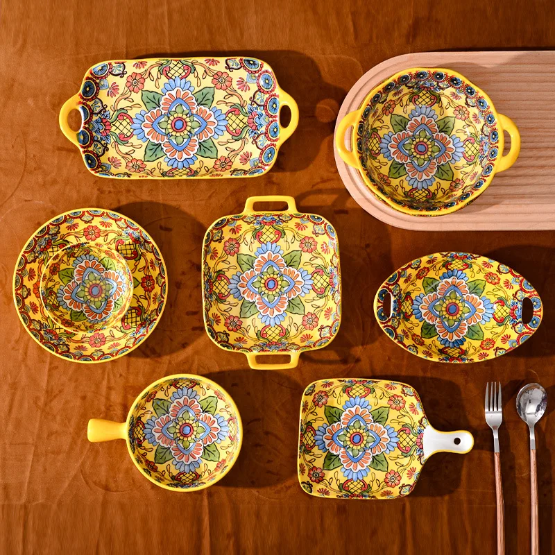 New Arrival Bohemian Dinnerware Set Household Ceramic Tableware Plate Yellow Flower Soup Bowl Dish Wholesale Retro