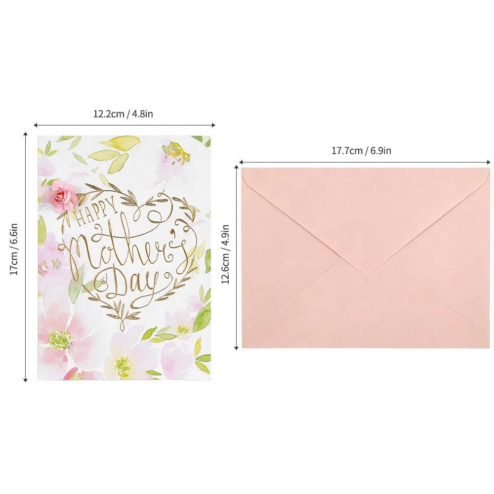 Custom Printing Handmade Rose Paper Flowers Gold Foil Happy Mothers Day Greeting Cards with And Envelopes