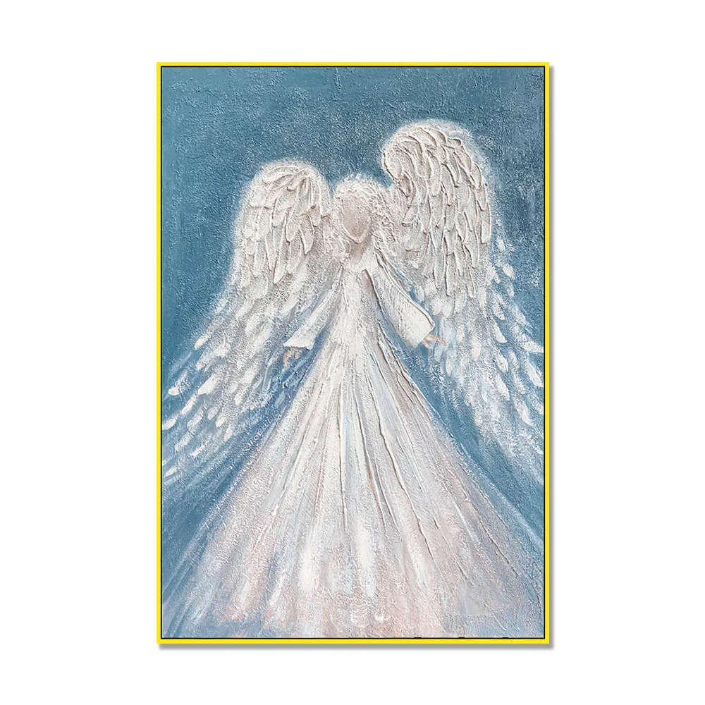 Golden Framed Angel Oil Painting Blue 3D Texture Abstract Handmade Painting Home Decoration