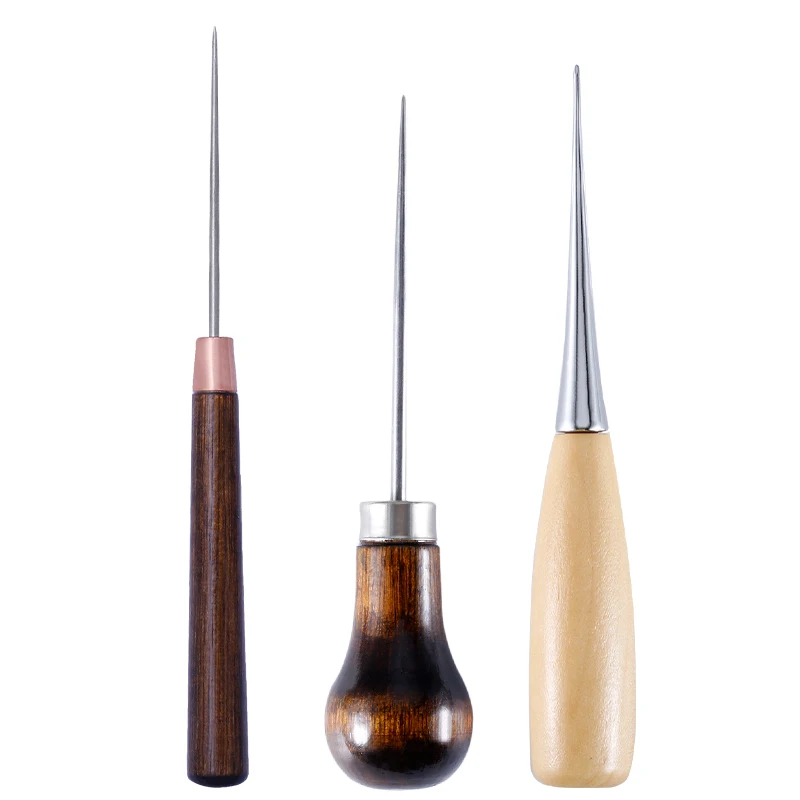 3PCS Leather Awl Hand Stitcher Wood Handle Repairing Tool Leather Craft Needle Kit