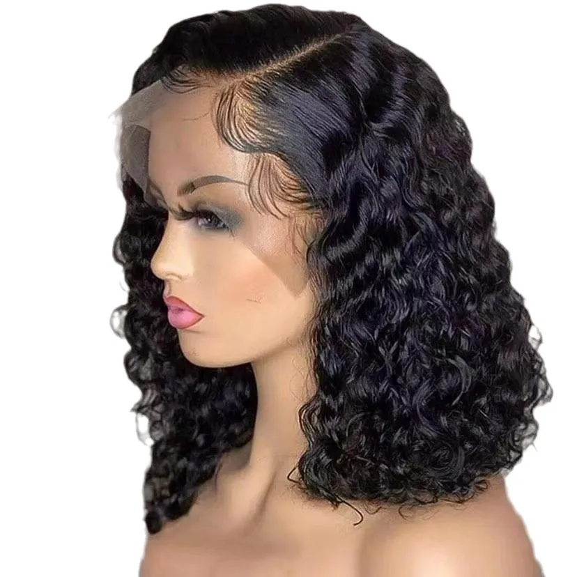 Wholesale Peruvian Short Bob Wigs Kinky Curly Human Hair HD Lace Front Wig For Black Women Deep Water Wave Human Hair Wig