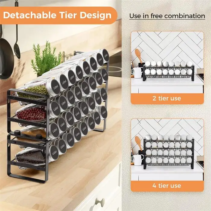 Guangzhou Manufacture Metal Black Wire 4 Tier Countertop Spice Jar Organizer Rack Stackable Rust-proof Bottle Storage Racks