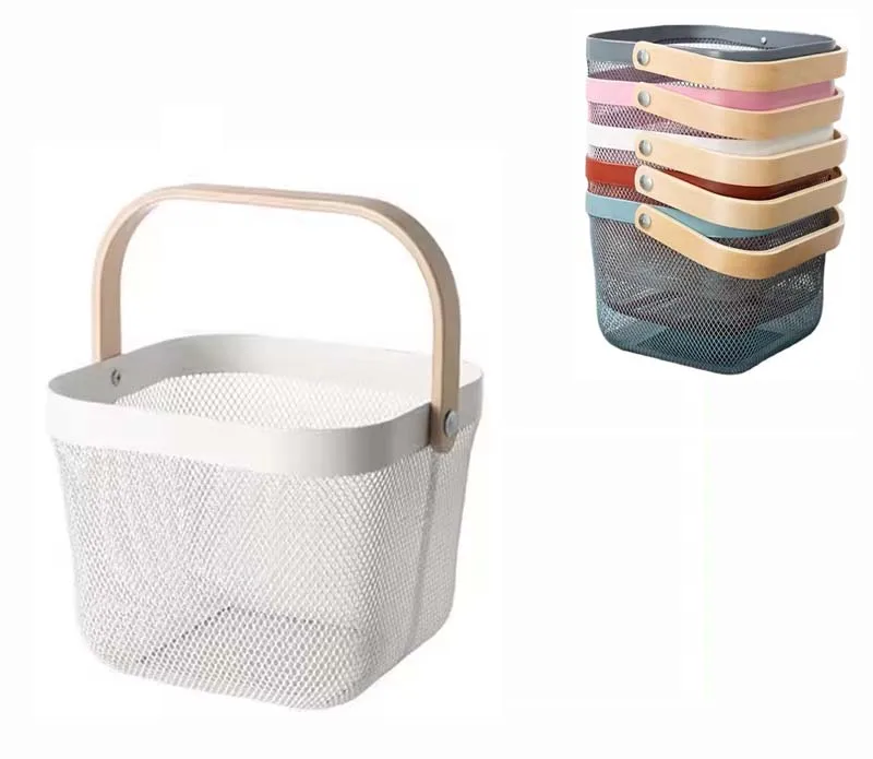Metal Picnic Fruit Food Countertop Metal Wire Mesh Storage Basket with Wooden Bamboo Handle